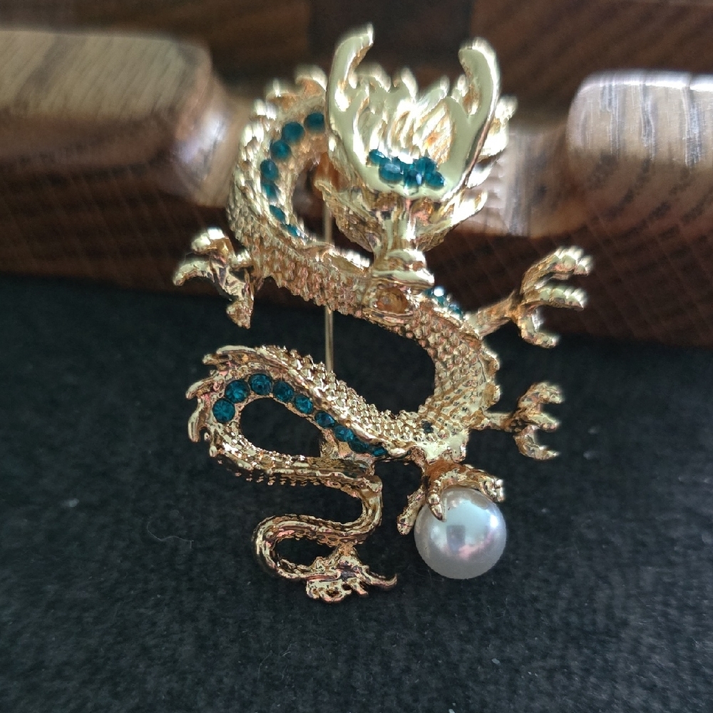 Gold Dragon Brooch with Teal Crystals and Pearl Accent
